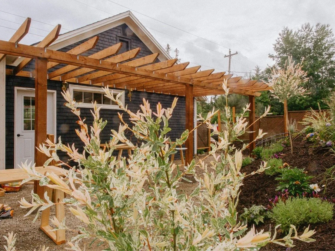 A backyard garden with a wooden pergola near a black house with white trim. There are flowering plants, bushes, and trees, with partly cloudy skies overhead.