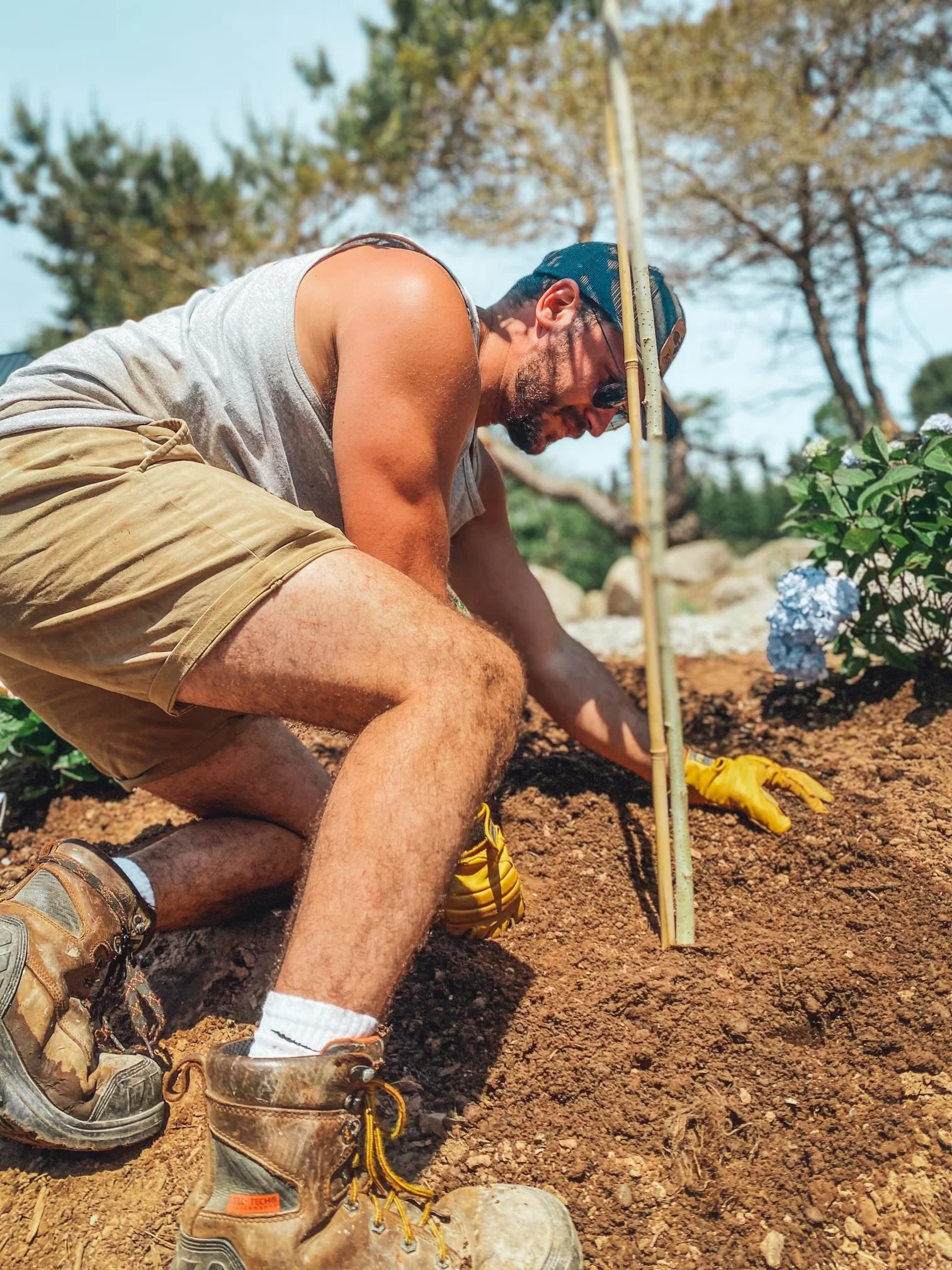 Man kneeling on the ground using yellow gloves, planting or tending to a garden on a sunny day.