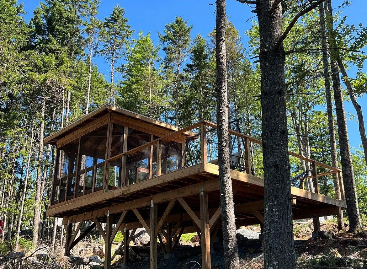 A wooden house on stilts with a screened porch, surrounded by tall trees in a forest.