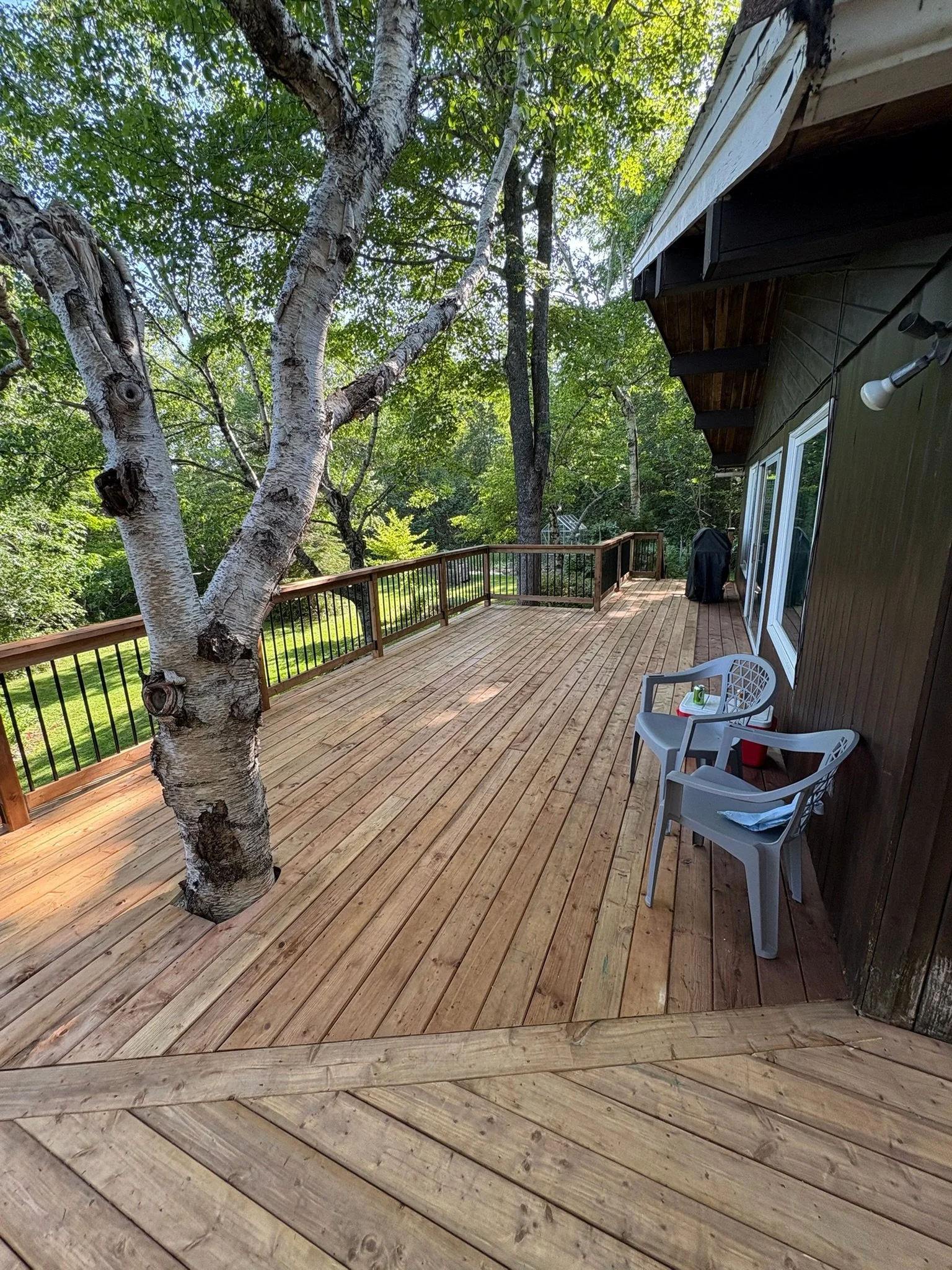 A wooden deck with two gray plastic chairs, a tree growing through the deck, and surrounded by green trees.