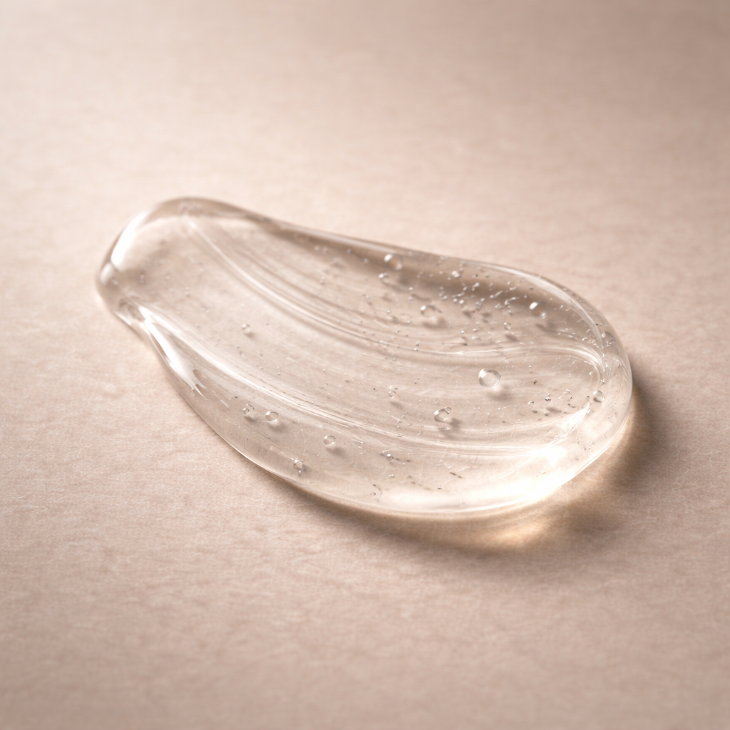 A clear gel-like substance with small bubbles lies on a light-colored surface.