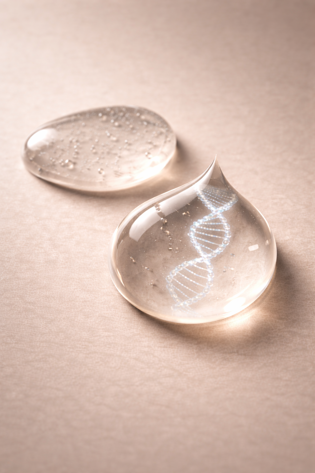 A glass droplet-shaped paperweight with a DNA helix inside, placed on a pale beige surface. A matching glass piece is positioned behind it.