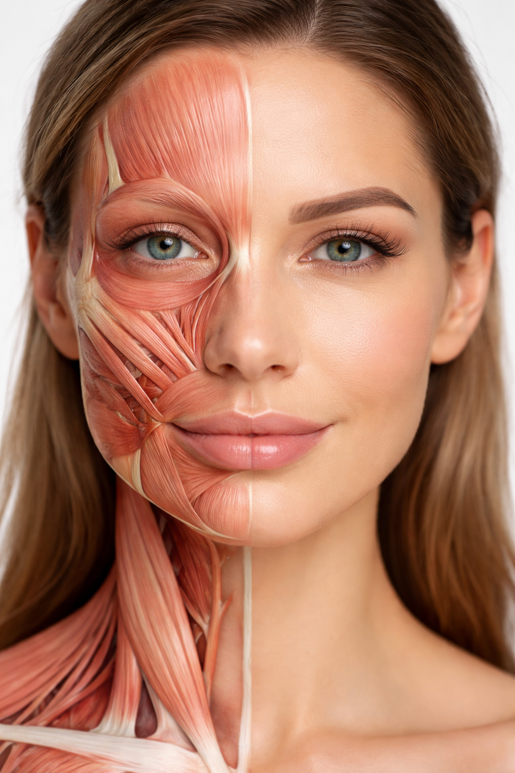 A woman with half of her face showing facial muscles and the other half with normal skin.