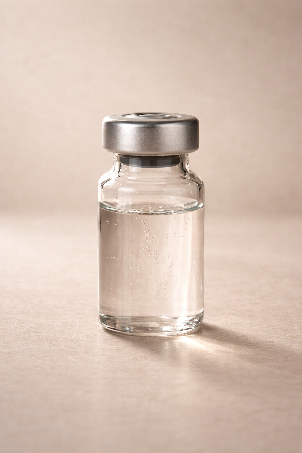 A small glass vial filled with clear liquid, sealed with a metallic cap, against a neutral background.