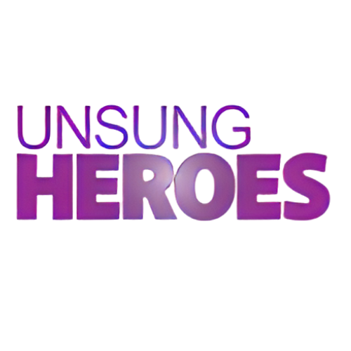 3D text saying "Unsung Heroes" in purple and pink neon style