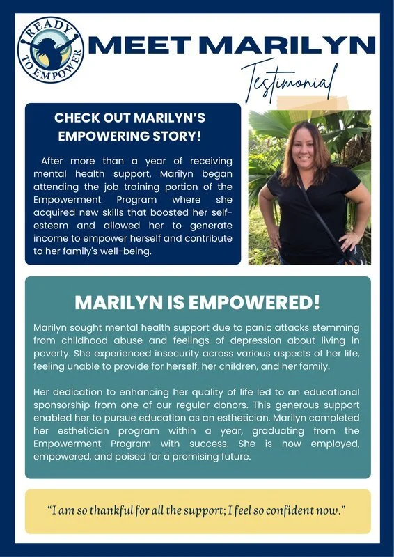 A testimonial poster featuring Marilyn, a woman smiling outdoors with tropical greenery in the background. The poster highlights her story of empowerment through mental health support and education.