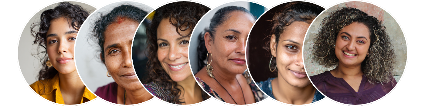Series of diverse women with various ages and ethnicities, smiling or neutral, indoors or outdoors.