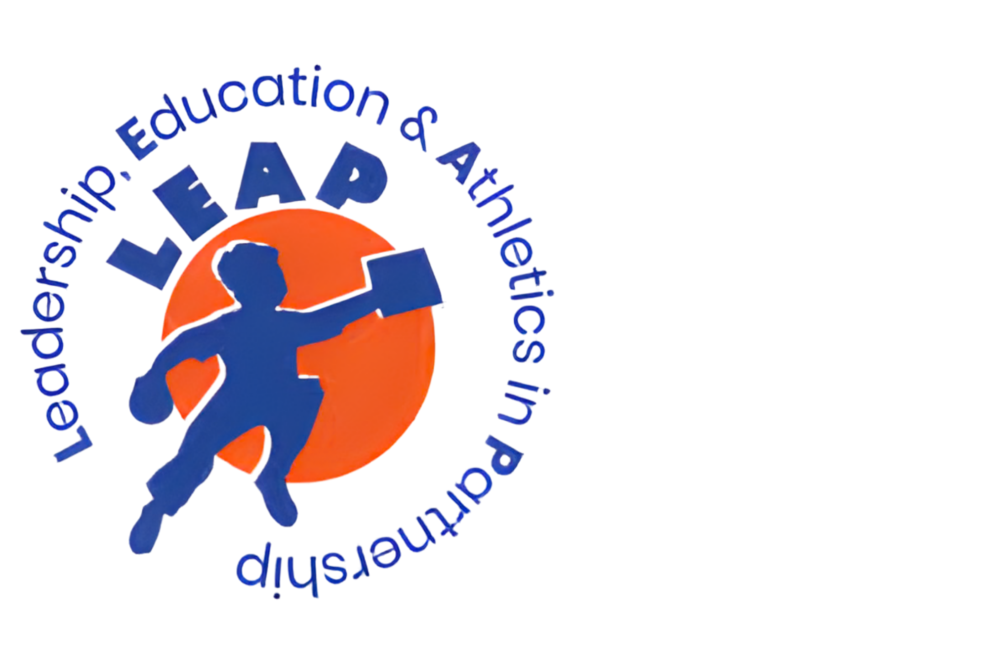 Logo of LEAP, featuring a silhouette of a child holding a book, with a prominent orange circle and blue text encircling the image, emphasizing leadership, education, and entrepreneurship among young learners.