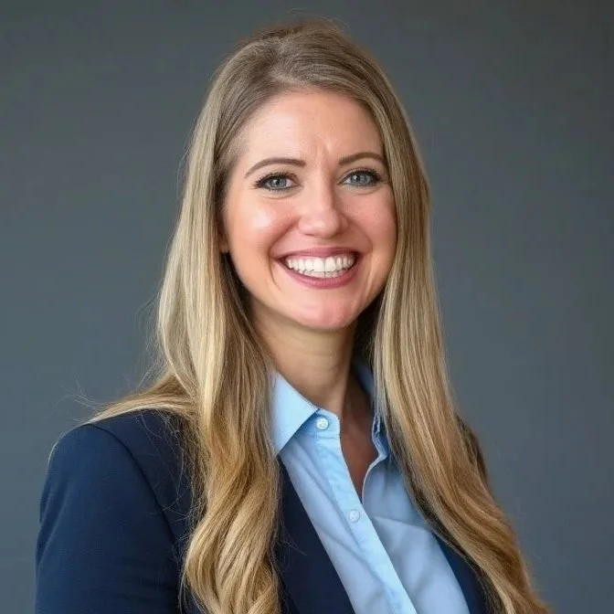 A smiling woman with long blonde hair, wearing a dark blue blazer over a light blue button-up shirt, standing against a plain gray background.