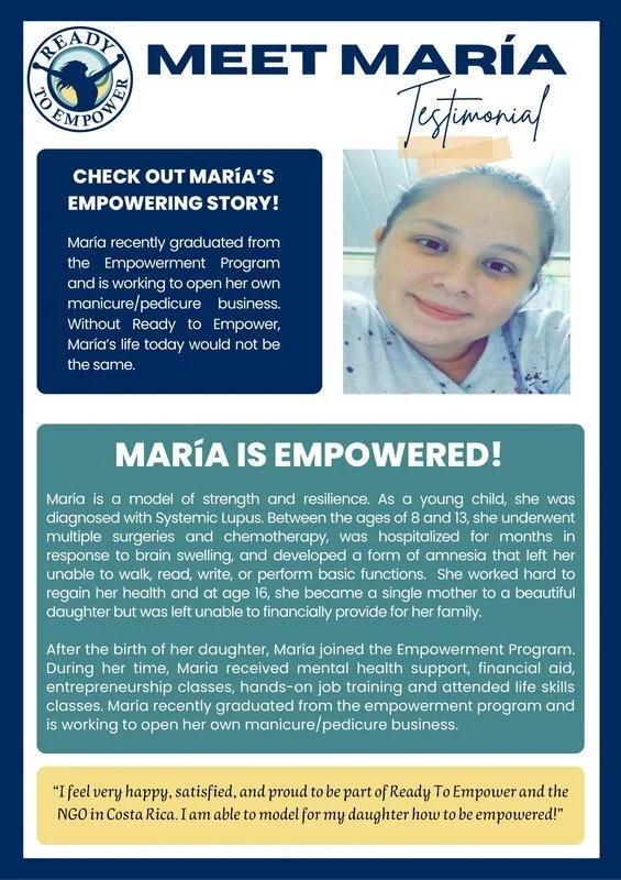 Testimonial about Maria, a young woman who graduated from an empowerment program and is opening her own manicure and pedicure business, featuring her photo, the Readiness to Empower logo, and a quote from her.