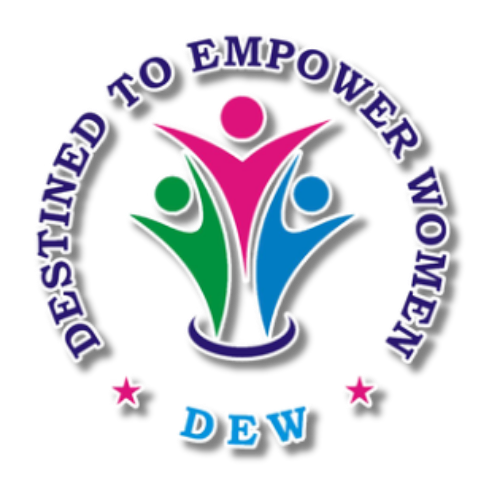 Logo with three stylized human figures in pink, green, and blue, surrounded by the text 'Destined to Empower Women' and the acronym 'DEW' with two pink stars.