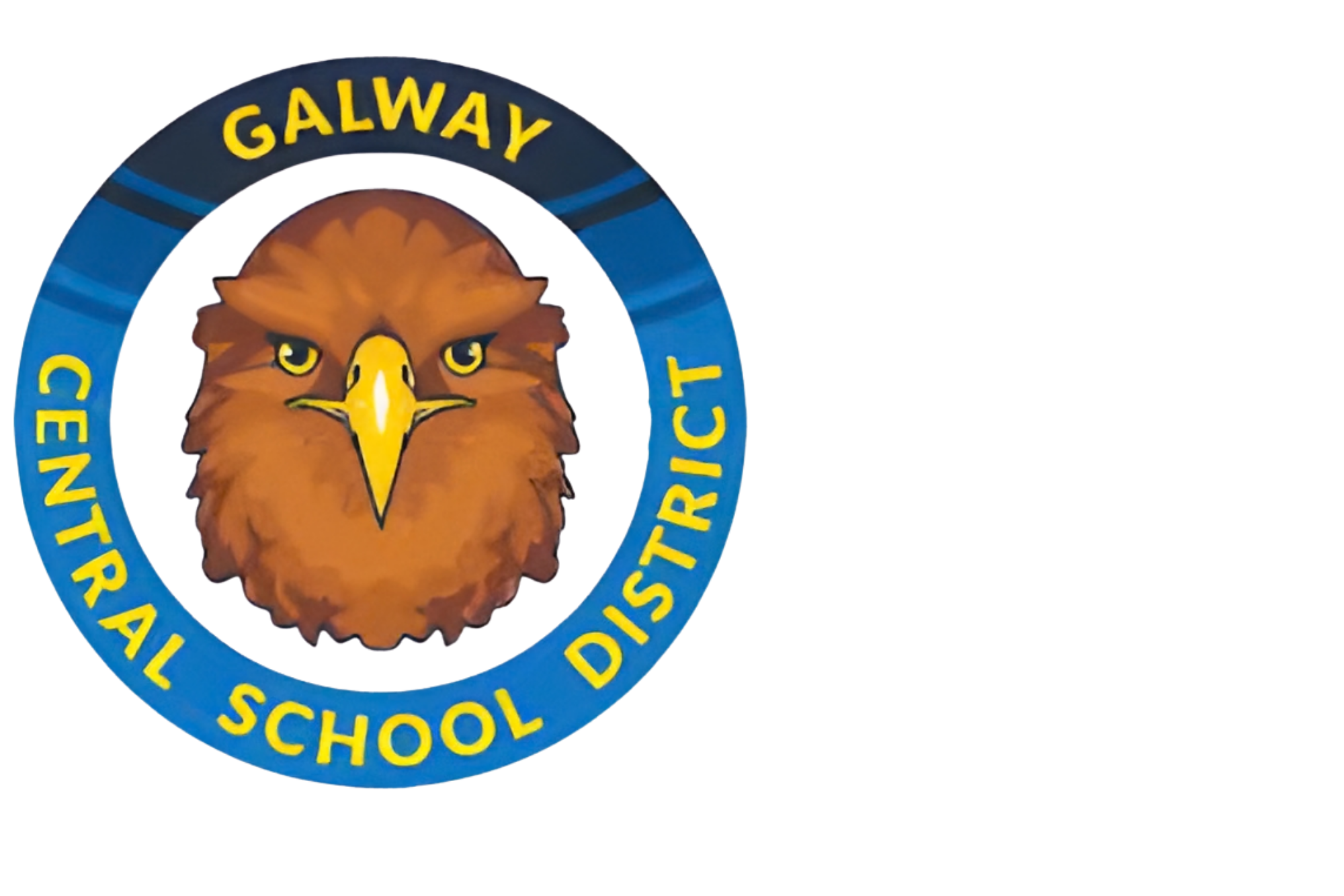 Logo of the Central School District Galway featuring a bald eagle's head in the center with the words 'Galway Central School District' encircling it in yellow on a blue background.