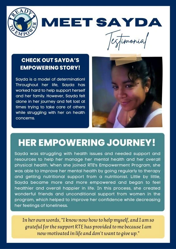 Testimonial poster featuring Sayda's success story with before and after images, highlighting her journey overcoming health issues through support and empowerment, with a quote at the bottom.