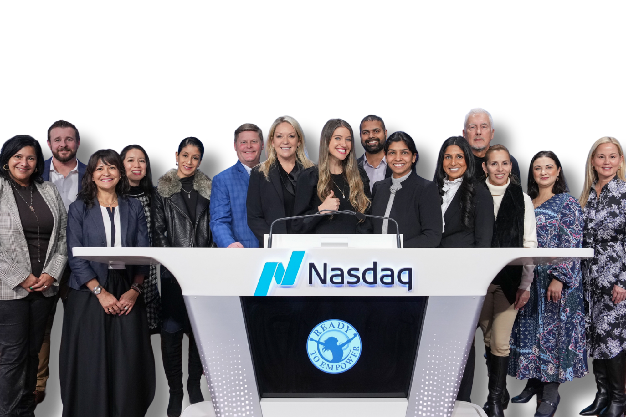 Group of diverse professionals standing behind a podium with the Nasdaq and TO Empower logos, smiling for a group photo