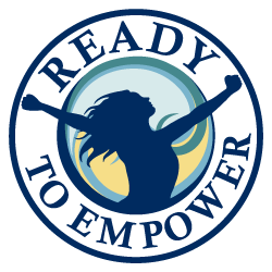 A circular logo with a silhouette of a person with flowing hair and arms raised, surrounded by the text 'READY TO EMPOWER'.