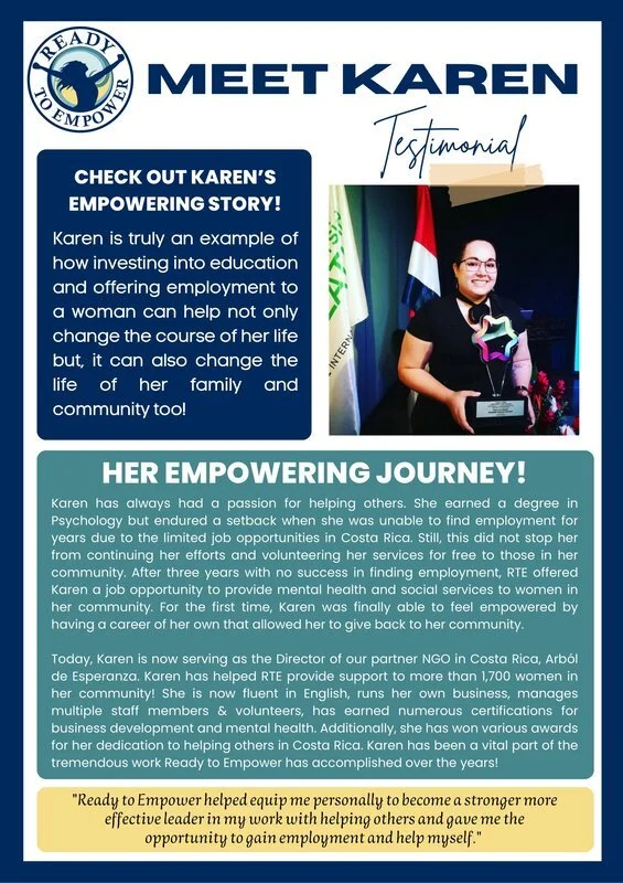 A testimonial poster for Karen with her photo, a flag, and a quote about her empowerment story.