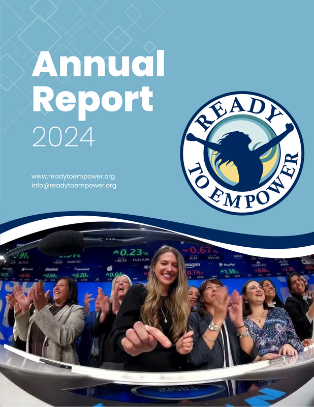 Cover page of the 2024 Annual Report for Ready to Empower, featuring a group of smiling women clapping in a corporate setting with stock market data in the background.