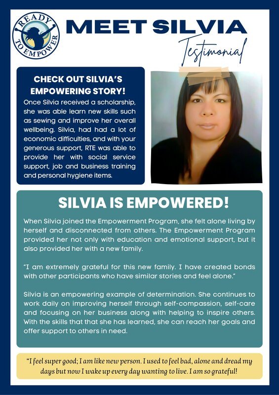 A testimonial poster featuring Silvia, who shares her empowerment story through the Ready to Empower program. Includes a photo of Silvia, a summary of her journey to overcoming economic hardships and gaining confidence, and a quote about her newfound positive outlook.