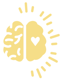 A stylized illustration of a brain divided into two halves, with a heart symbol in the right side and radiating lines around the right side.