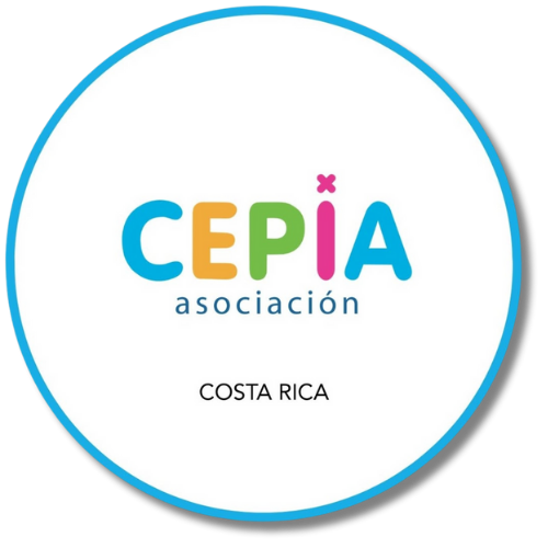 Logo of CEPIA association with colorful letters, located in Costa Rica.