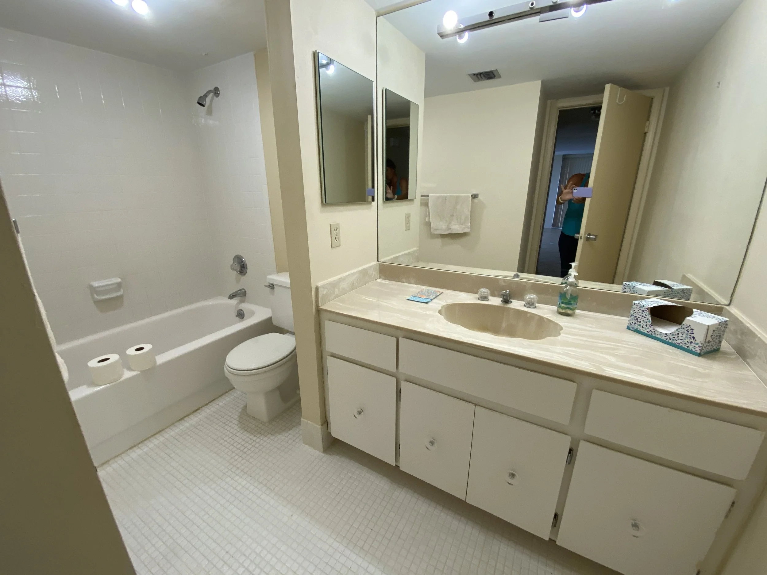 Bathroom with bathtub, toilet, and vanity with mirror and sink.