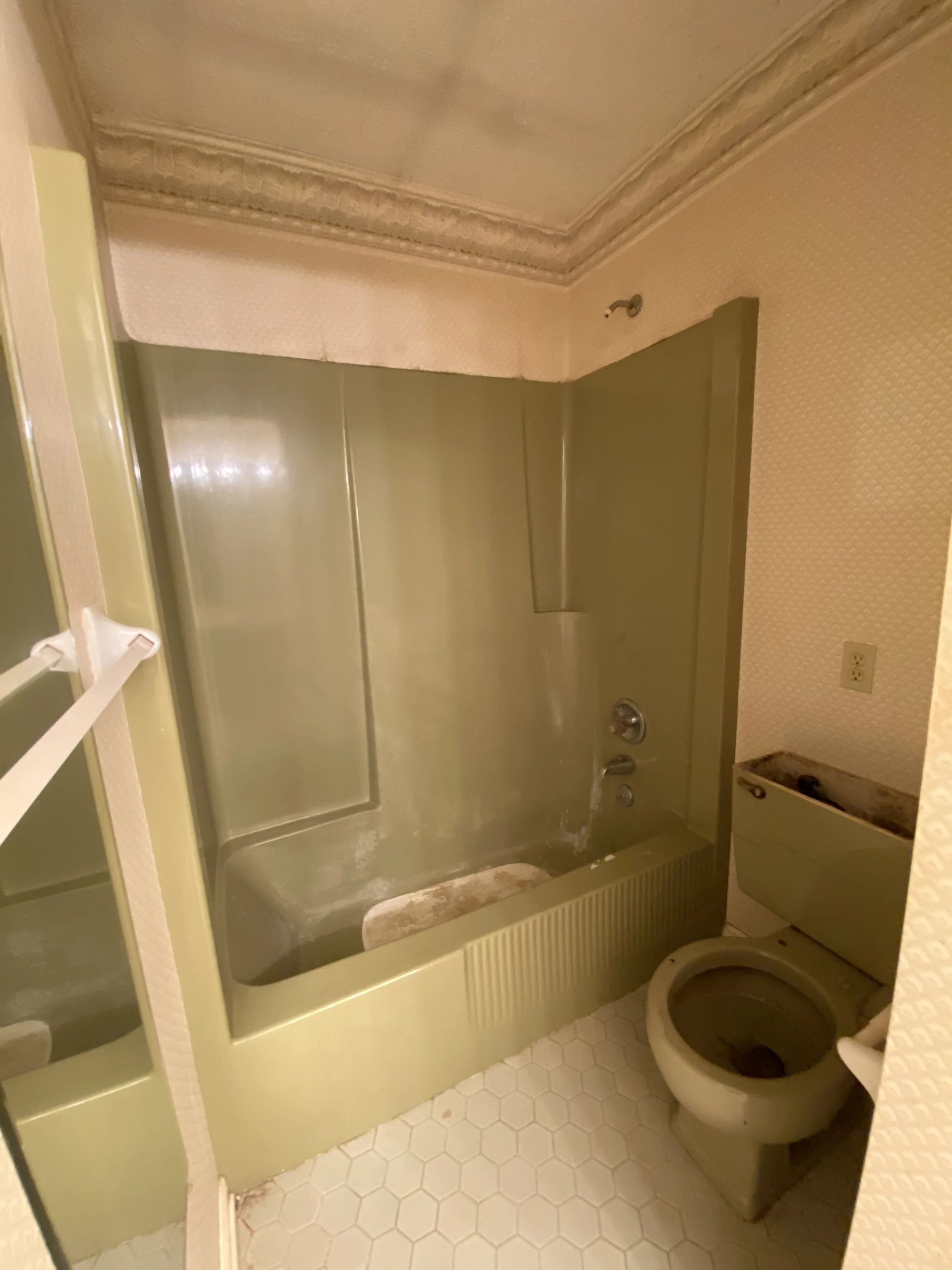A vintage bathroom with a green bathtub and toilet, featuring hexagonal floor tiles, patterned wallpaper, and an ornate ceiling mold.