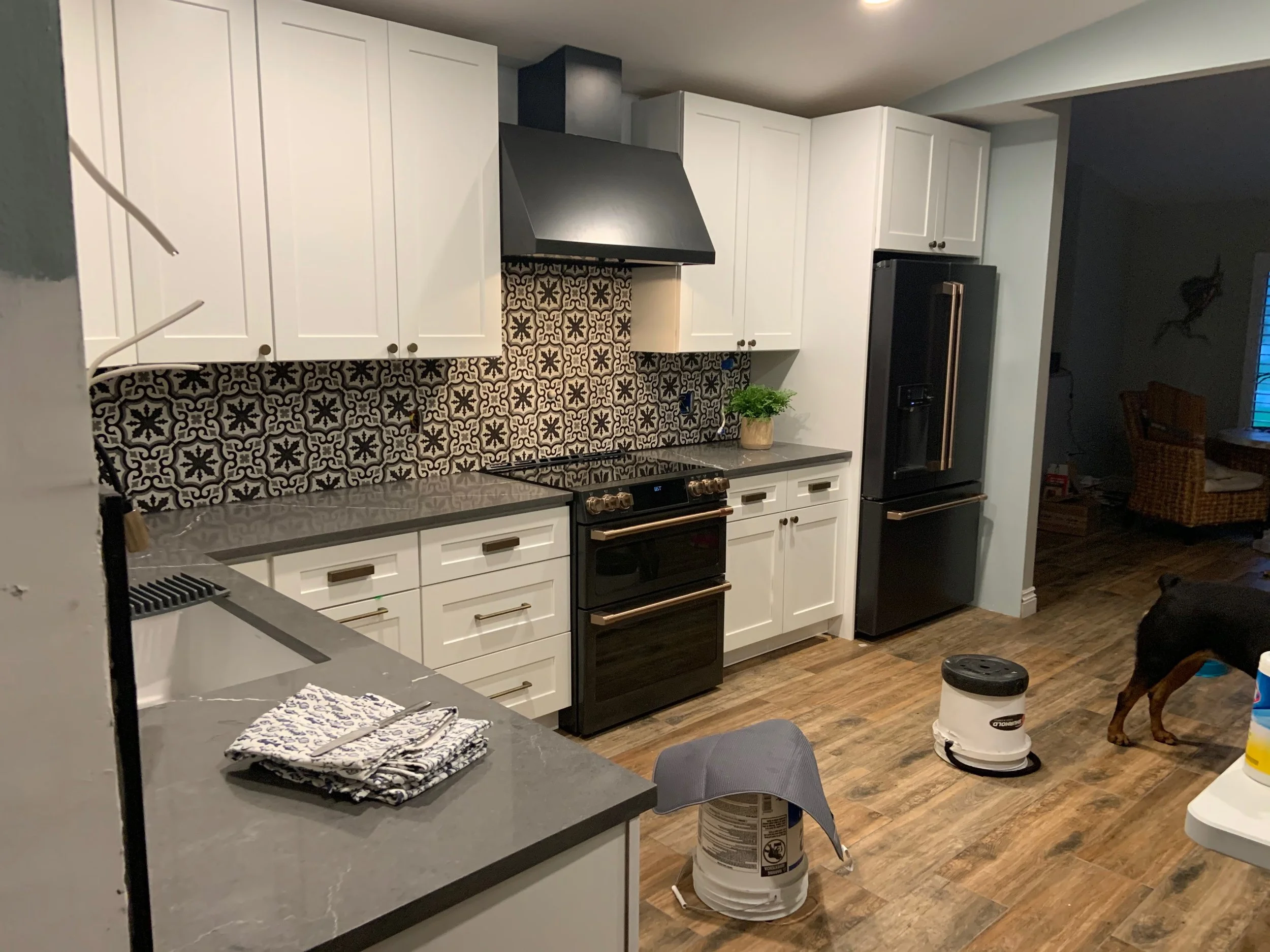 Modern kitchen with white cabinets, black appliances, patterned backsplash, and a small potted plant on the counter. Housekeeping items include a cloth on the counter, a bucket, and a robot vacuum on the floor. Dogs are visible in the background.