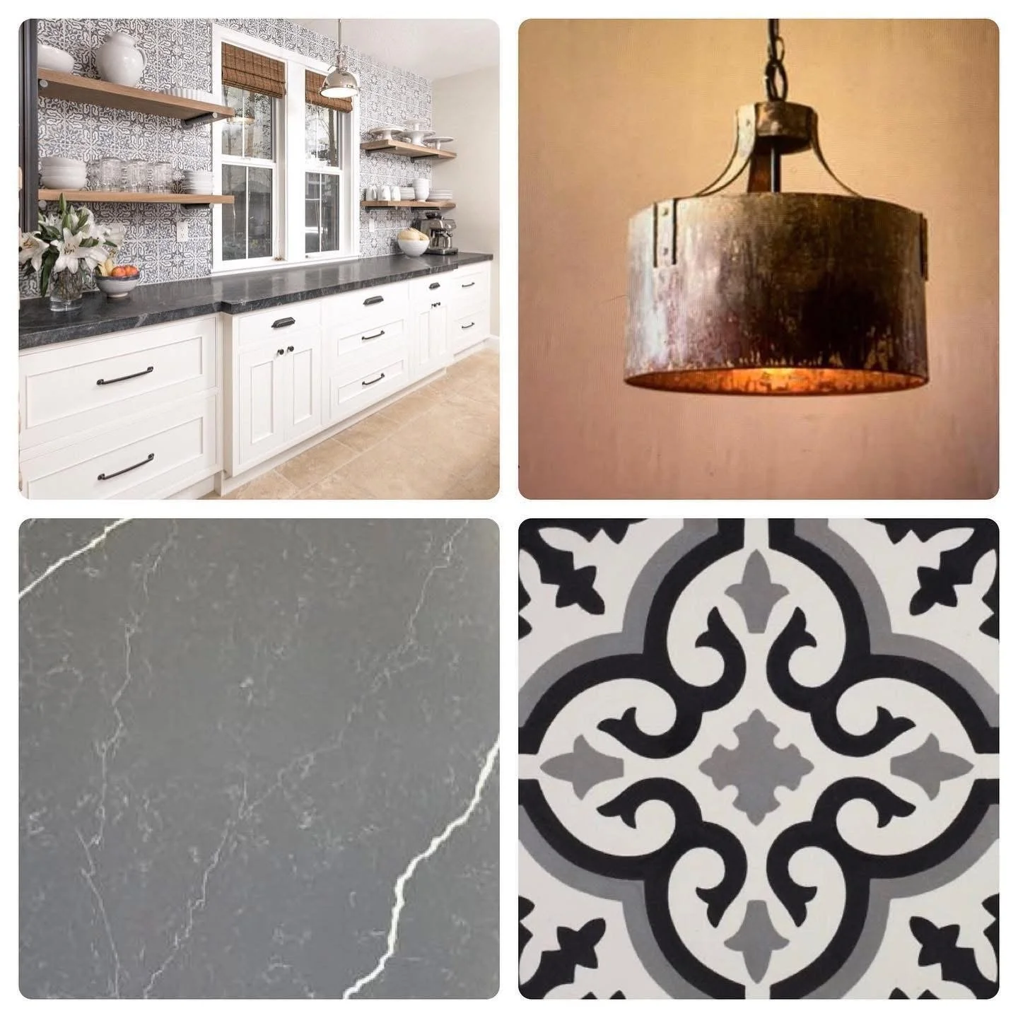 A collage of four images showing kitchen decor items: a white kitchen with black countertop and open shelves, a rustic hanging pendant light, a close-up of grey marble countertop, and a black, grey, and white patterned tile.