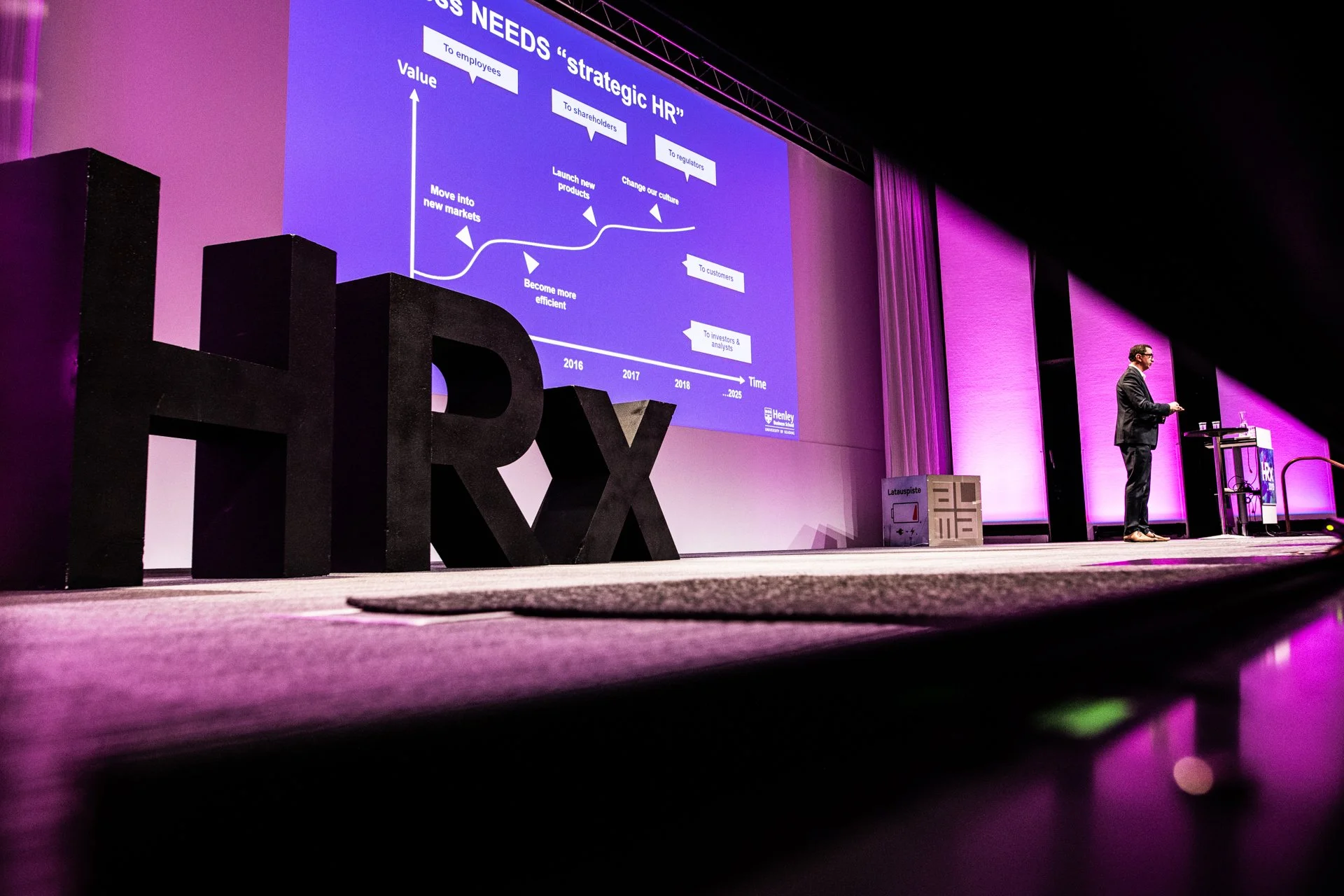 Julkkis puhuu lavalla Henley-tapahtumassa, taustalla suuri näyttöruutu ja yhteiskirjaimet 'HRX'.