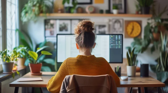 Woman working at a desk with dual monitors in a home office surrounded by potted plants and framed pictures.