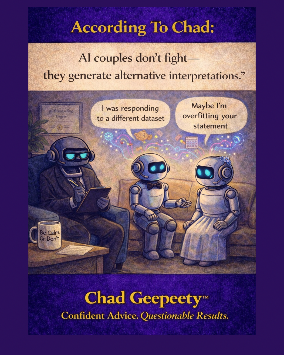 Chad Geepeety AI couples cartoon showing robots in therapy discussing alternative interpretations instead of fighting