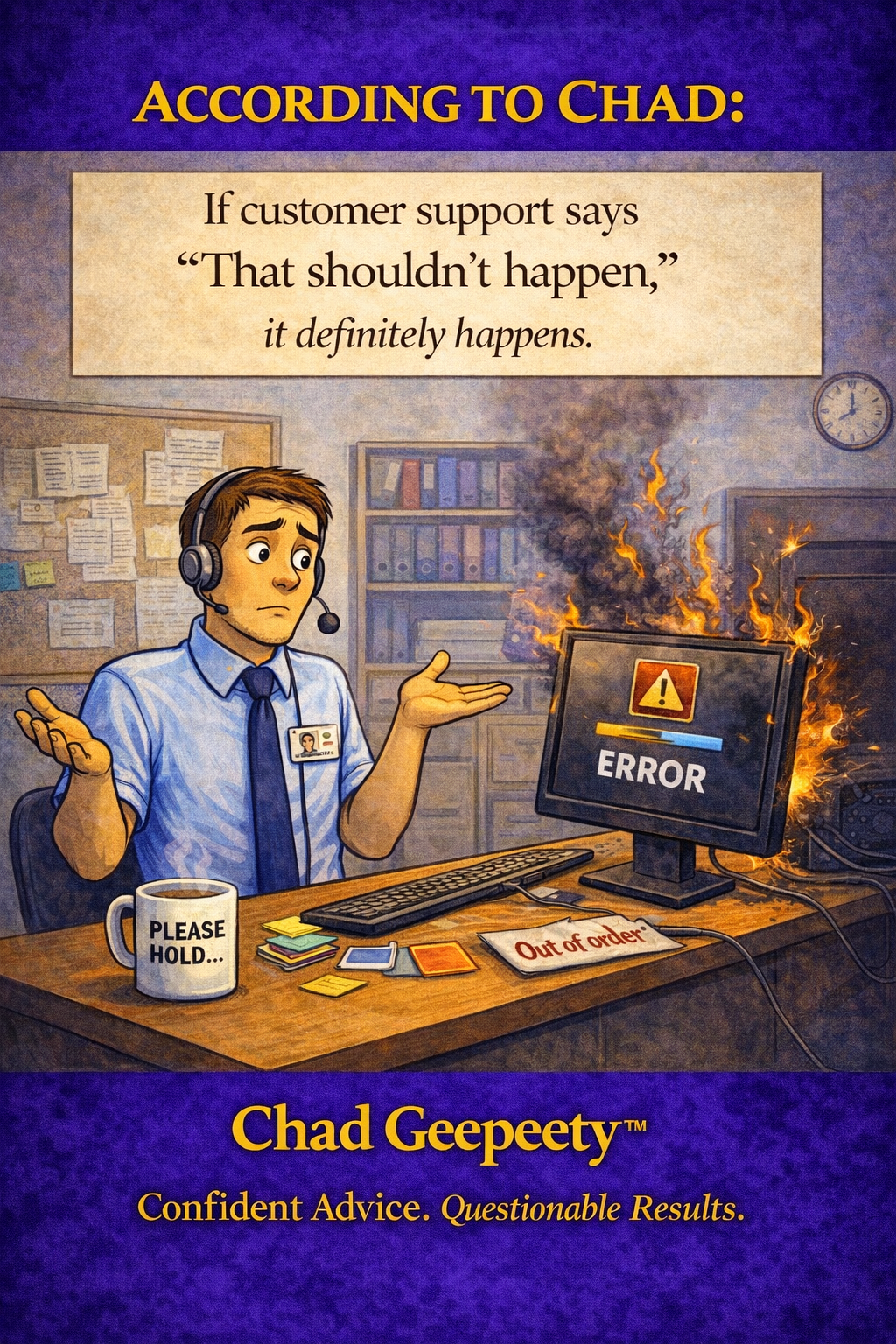 Cartoon of a customer support agent shrugging while a computer burns with an error message on screen