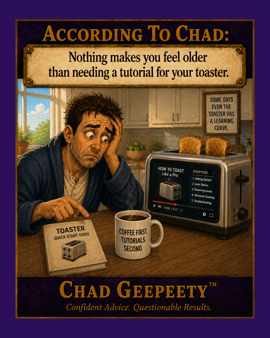 According to Chad cartoon showing a man watching an instructional tutorial before attempting to use a smart toaster.