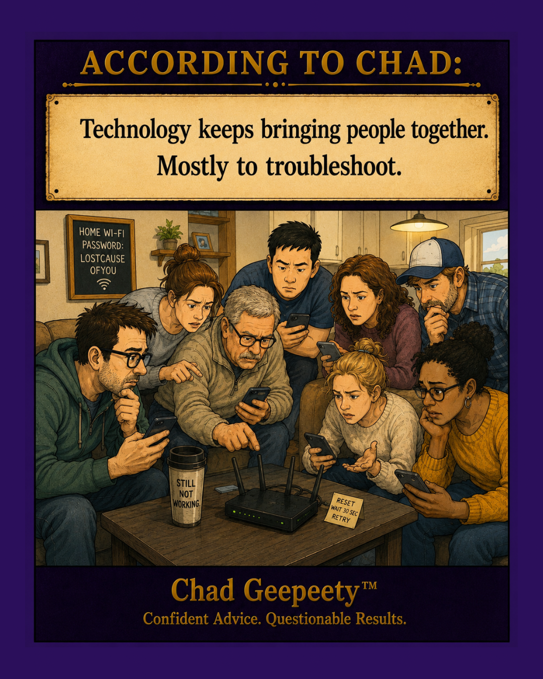 Chad Geepeety™ technology humor cartoon showing a group of people gathered around a Wi-Fi router trying to troubleshoot an internet problem.