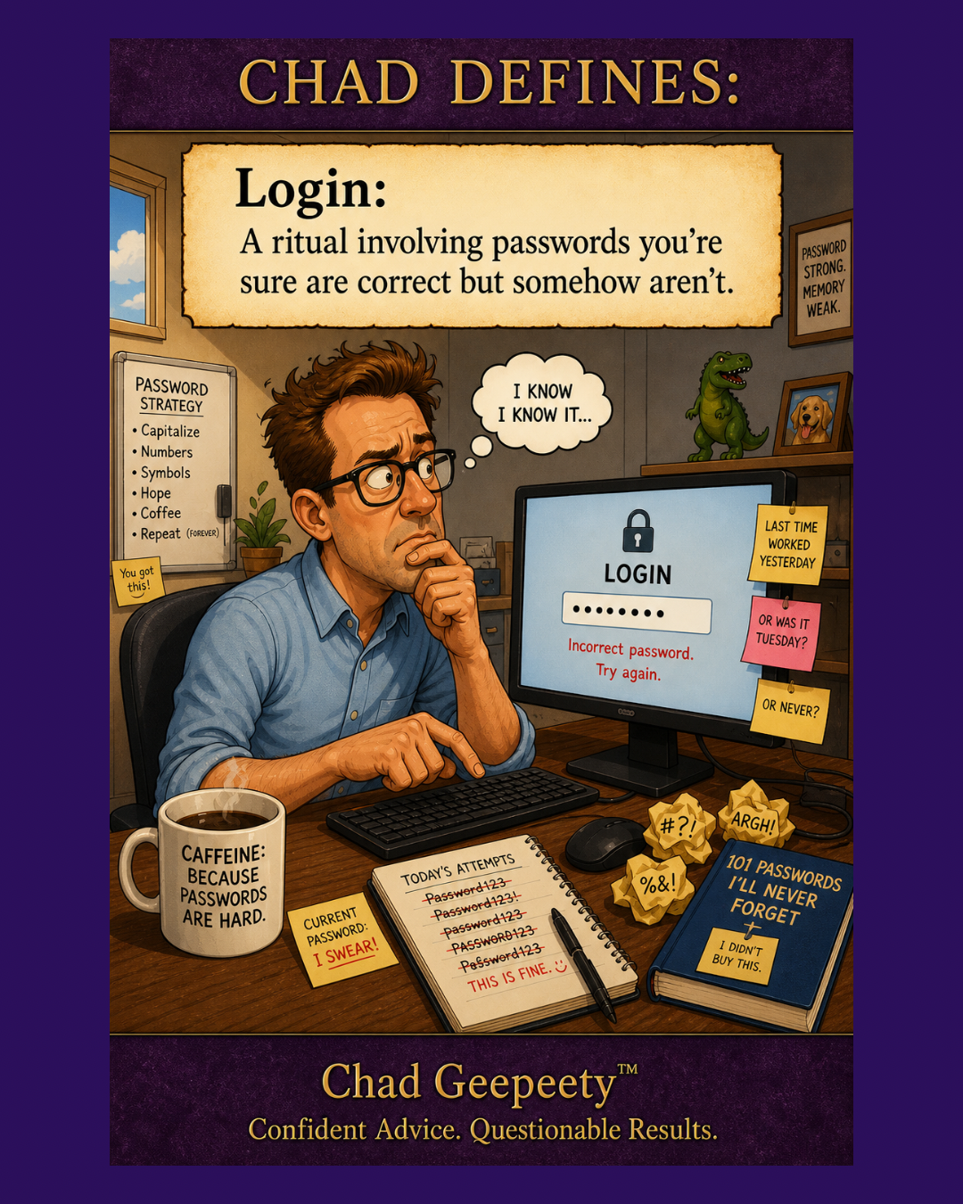 Man at desk struggling to log into computer with incorrect password message, surrounded by notes, attempts list, and a coffee mug about passwords