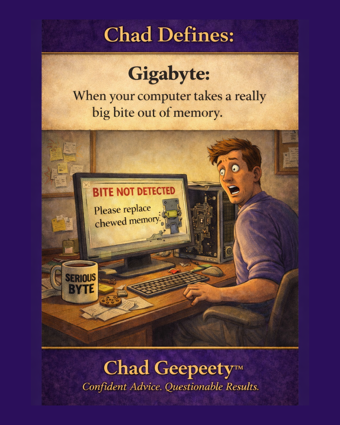 Cartoon showing a man reacting to a computer error about chewed memory with a broken machine and humorous gigabyte wordplay