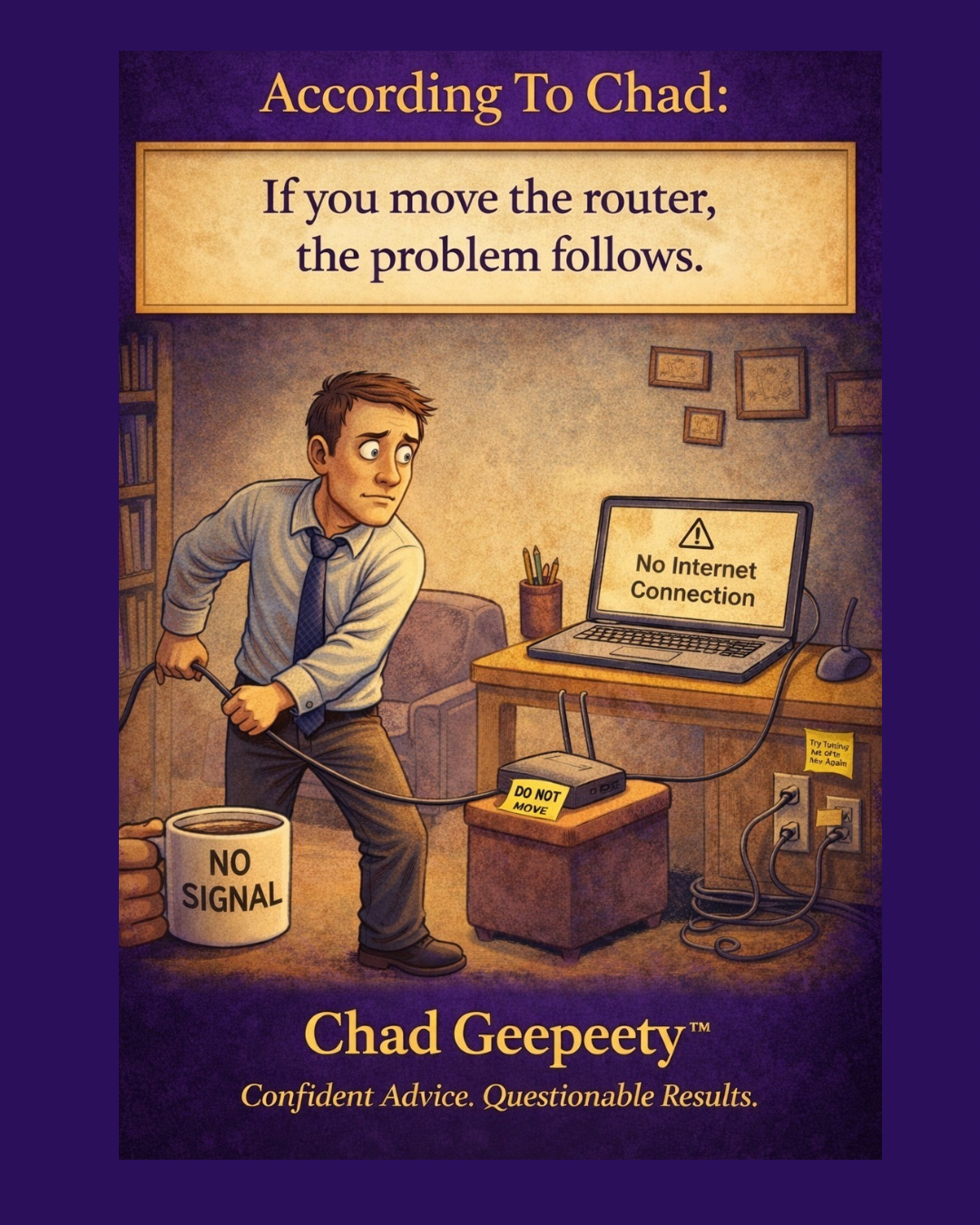 A man pulling a router cable across a room while looking at a laptop displaying a no internet connection message.