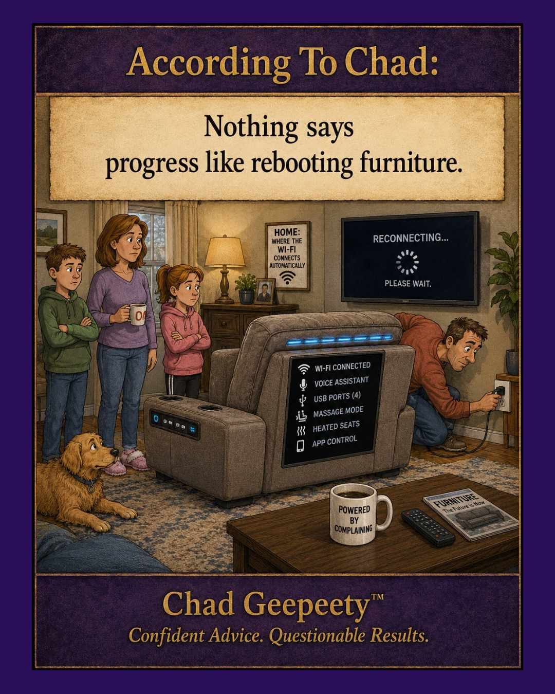Man unplugging and reconnecting a futuristic smart couch in a living room while his family watches and the couch displays advanced technology features.