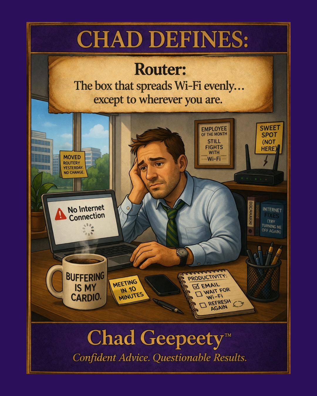 Chad Geepeety cartoon showing frustrated office worker with no internet connection while router fails to provide Wi-Fi signal