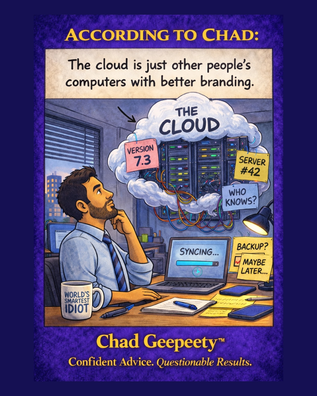 Cartoon of a cloud containing servers and wires representing cloud computing as other people’s computers