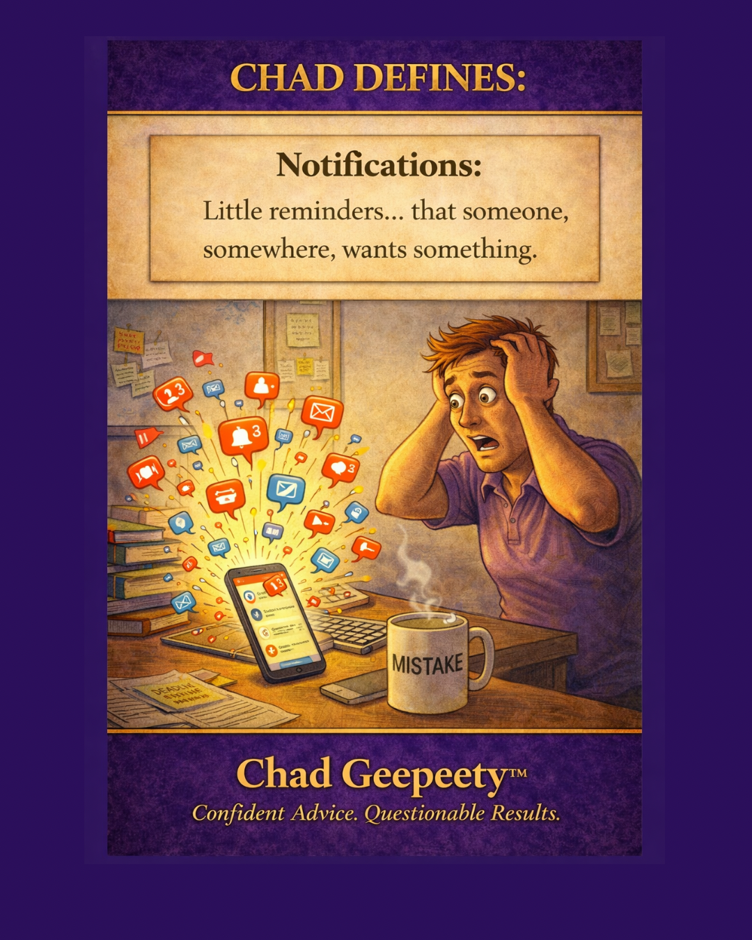 Cartoon of a stressed person surrounded by floating app notifications and alerts, representing constant digital interruptions and overload