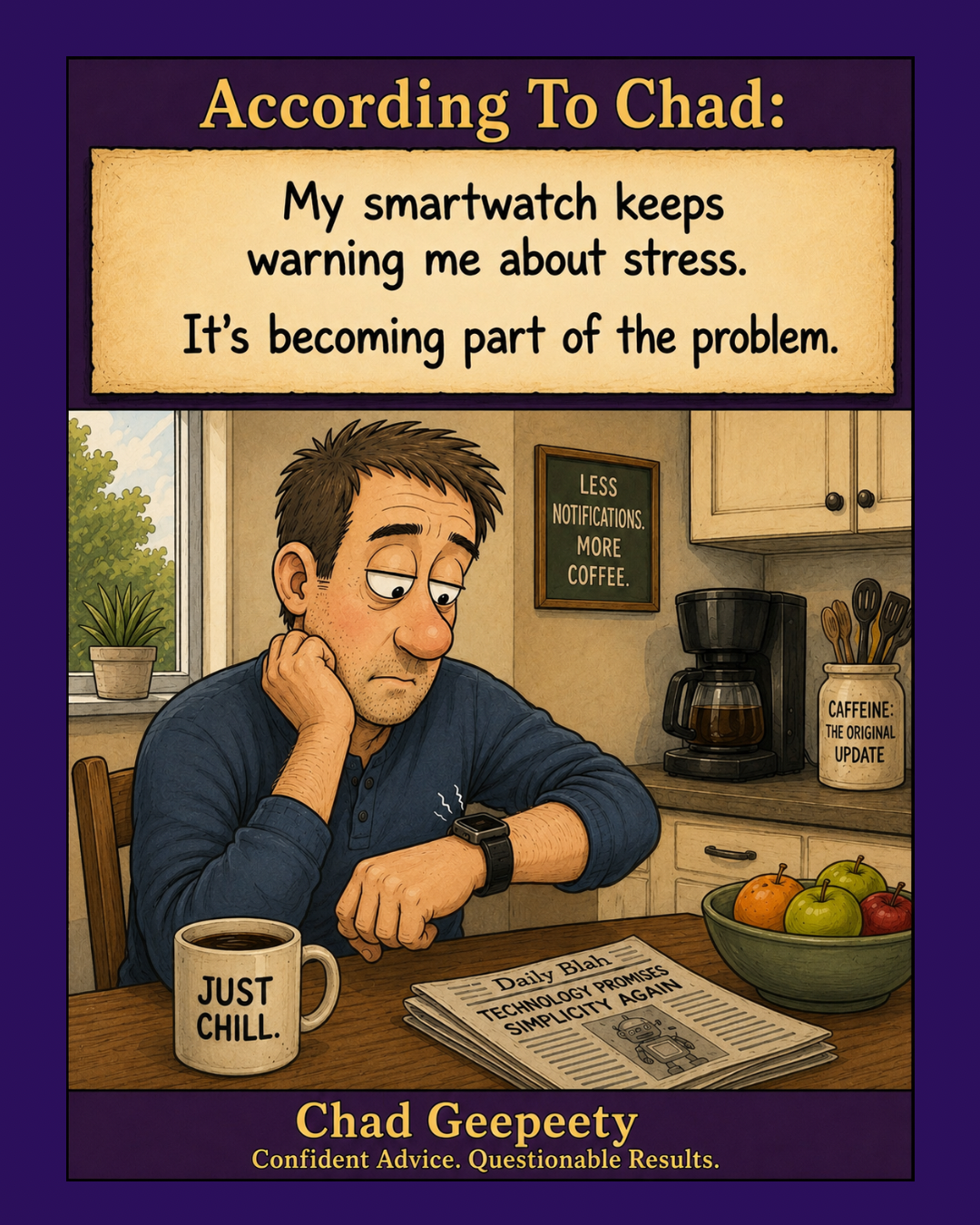 Chad Geepeety™ technology humor cartoon showing a man whose smartwatch keeps warning him about stress and is becoming part of the problem.