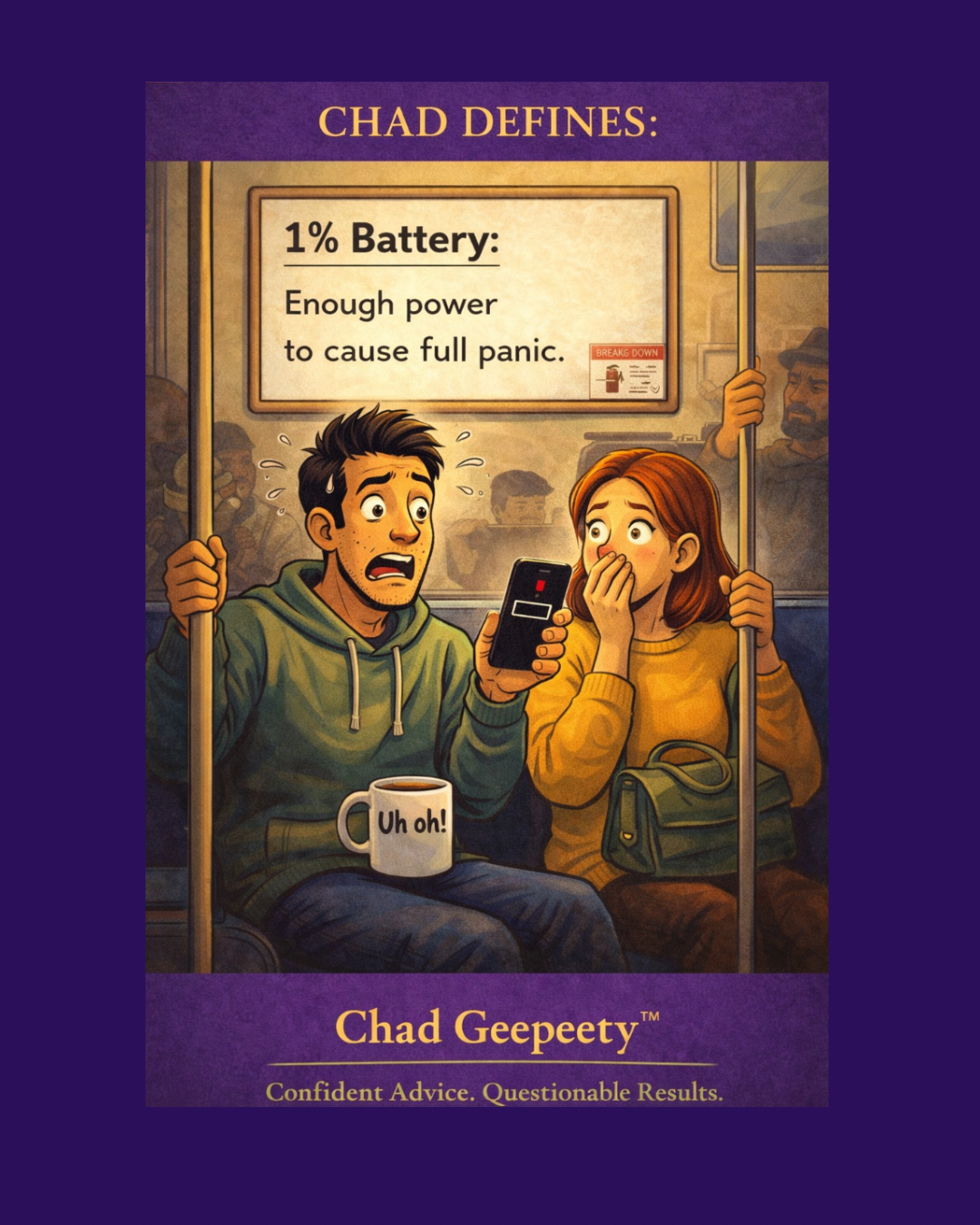 Cartoon of two people panicking while looking at a phone showing 1 percent battery remaining.