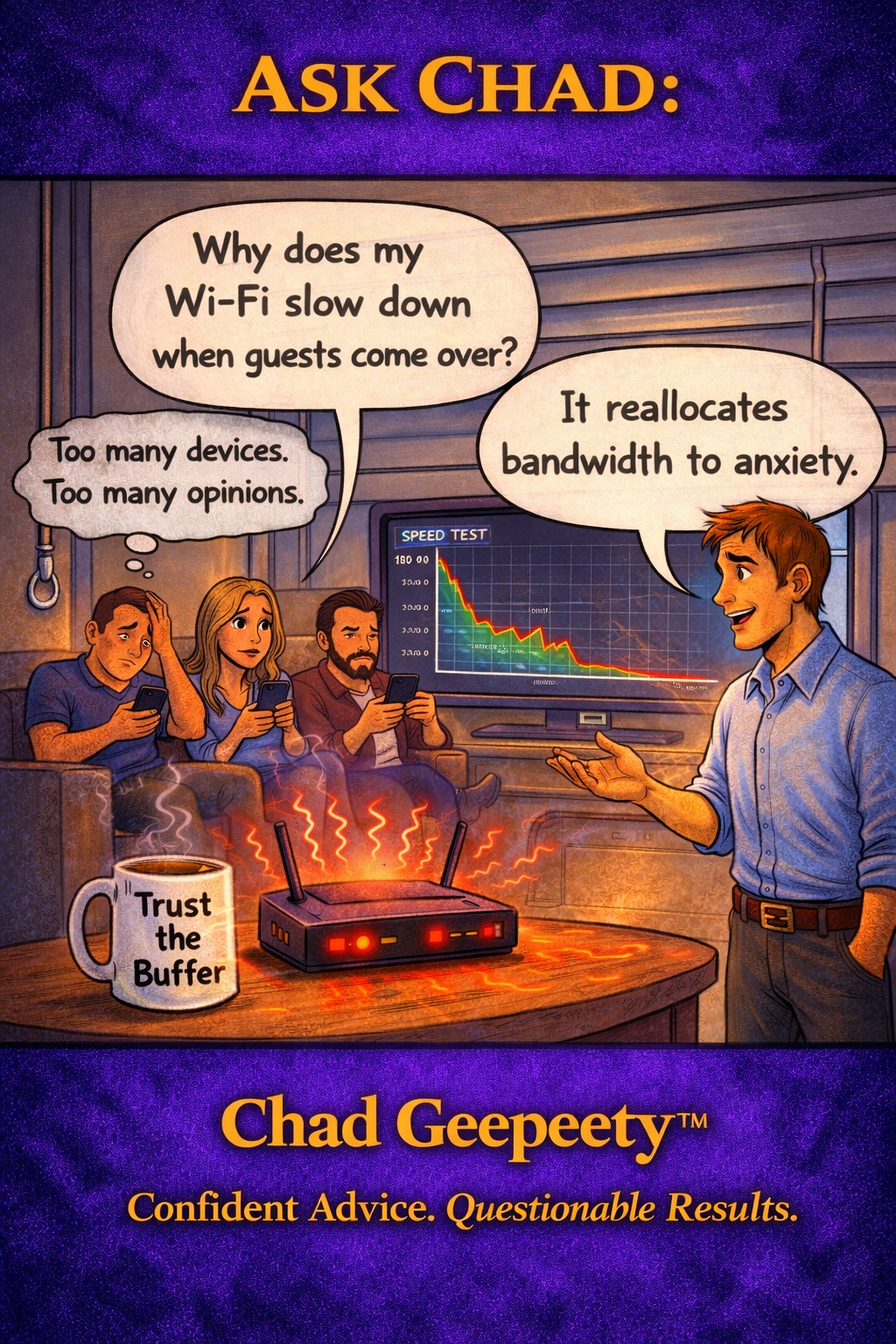 Ask Chad cartoon showing an overwhelmed Wi-Fi router slowing down when guests connect.