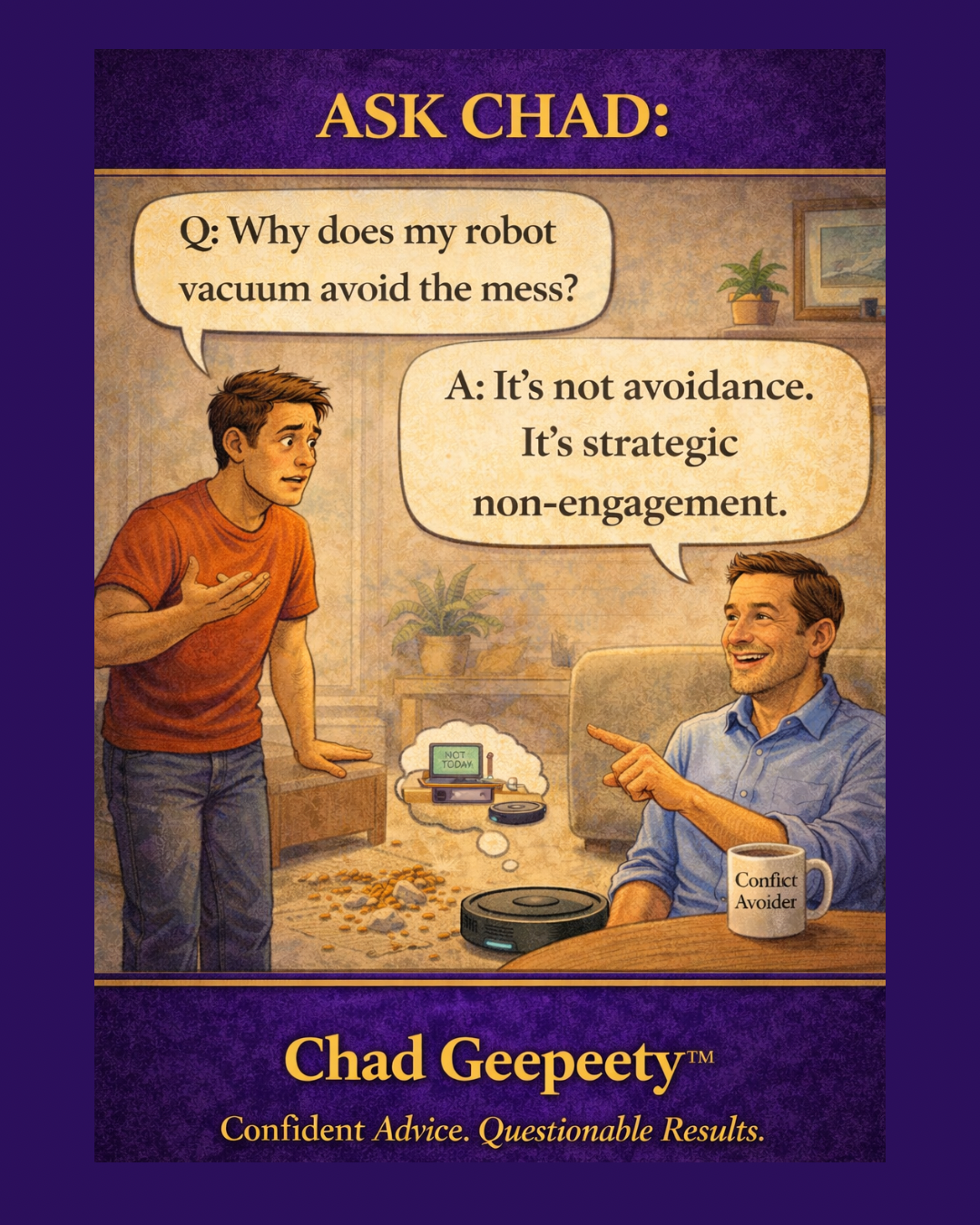 Cartoon of a robot vacuum avoiding a pile of dirt while a man explains it as strategic non-engagement