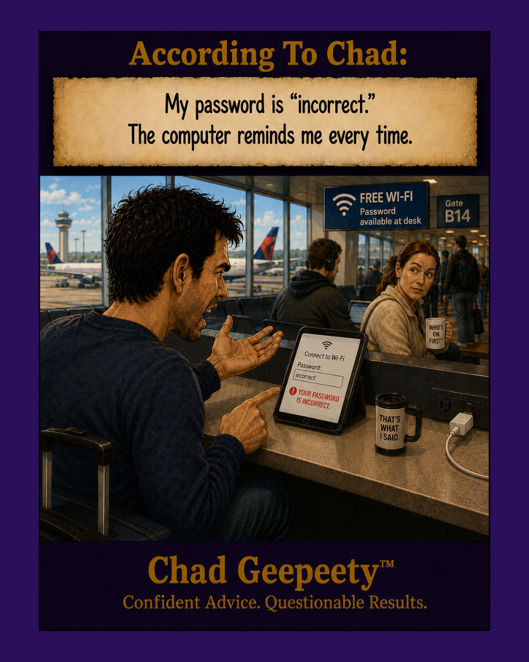 Chad Geepeety™ password cartoon showing a frustrated traveler at an airport receiving an incorrect password message while trying to connect to Wi-Fi.