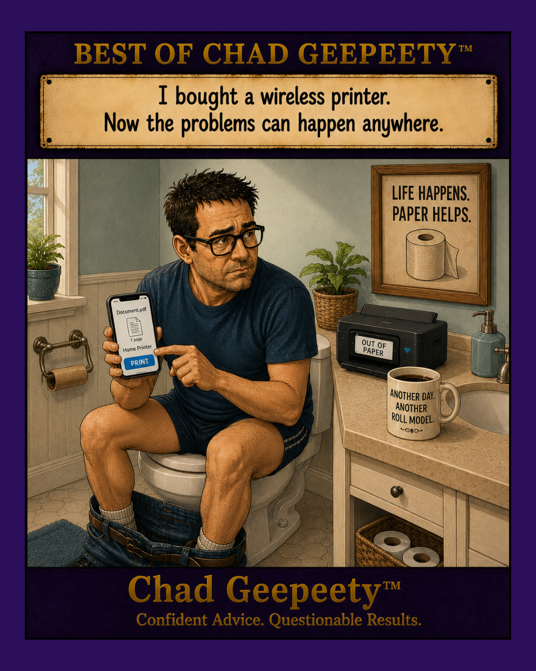 Chad Geepeety™ wireless printer cartoon showing a man in a bathroom trying to print from his phone while both the printer and toilet are out of paper.