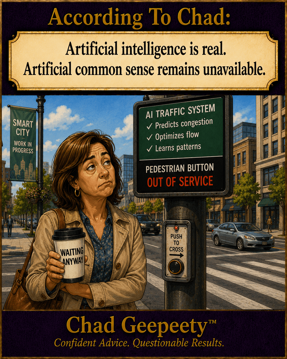 Artificial intelligence traffic system operating above an out-of-service pedestrian crossing button.