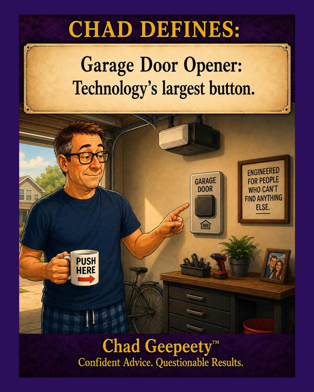 Man pointing at a large garage door opener wall button in his garage while holding a coffee mug labeled "Push Here."