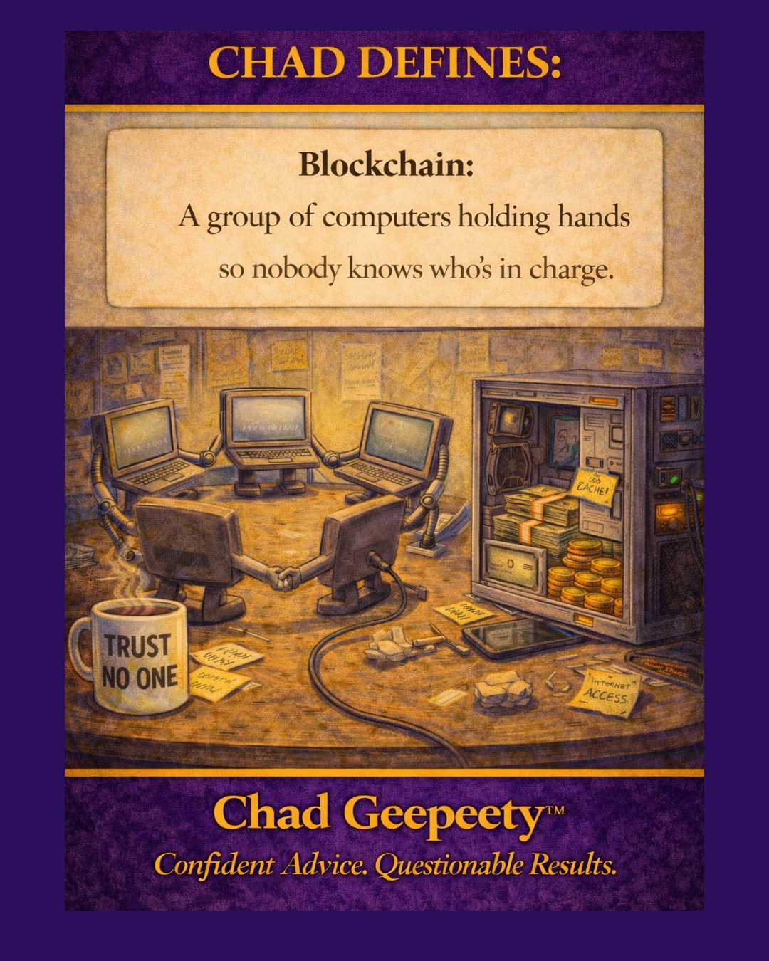 Multiple computer monitors arranged in a circle holding hands next to an open computer filled with cash and coins, representing blockchain technology in a humorous way.